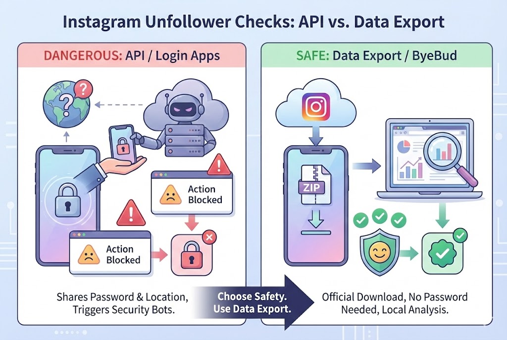 Infographic comparing dangerous Instagram API login apps that cause Action Blocks versus the safe Data Export method used by ByeBud for checking unfollowers without sharing passwords.