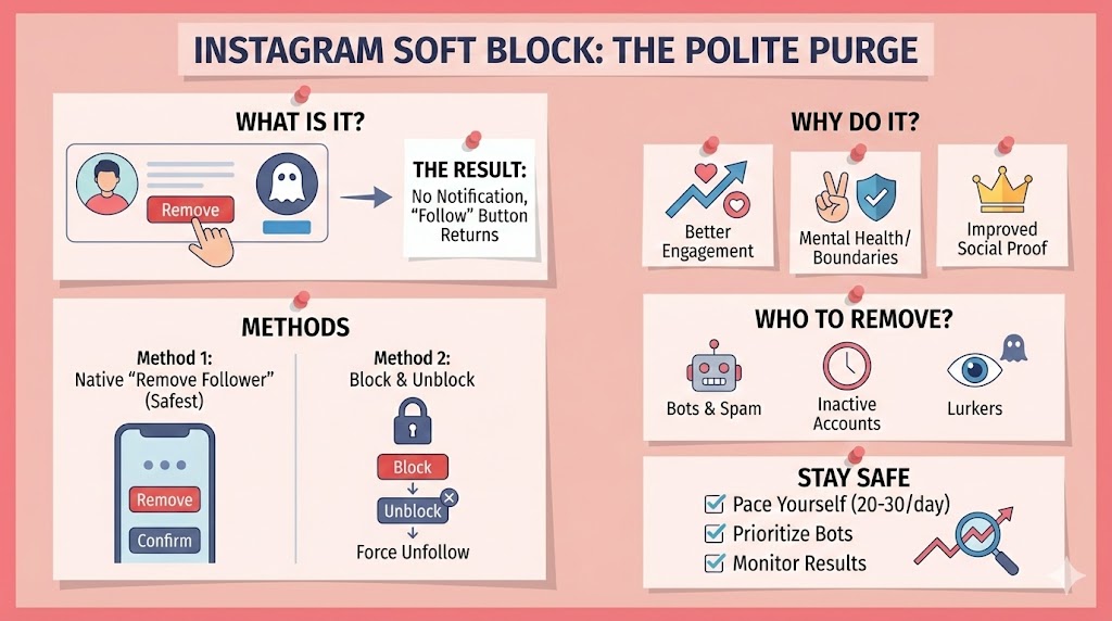 Educational infographic about the Instagram Soft Block method, explaining how to quietly remove followers without notifications. It includes sections on the "Remove Follower" and "Block & Unblock" methods, why to do it for better engagement and mental health, and a 2026 safety checklist for purging bots and lurkers.