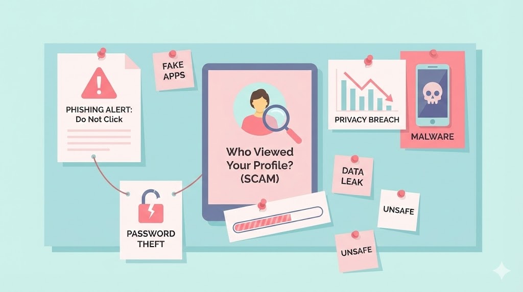 A digital board infographic warning against the "Who Viewed Your Profile" scam, with notes on phishing and password theft.