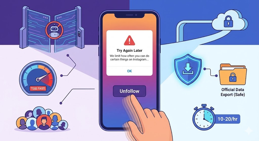 Infographic illustrating the Instagram "Try Again Later" action block caused by rapid unfollowing, versus the safe official data export method and hourly limits.