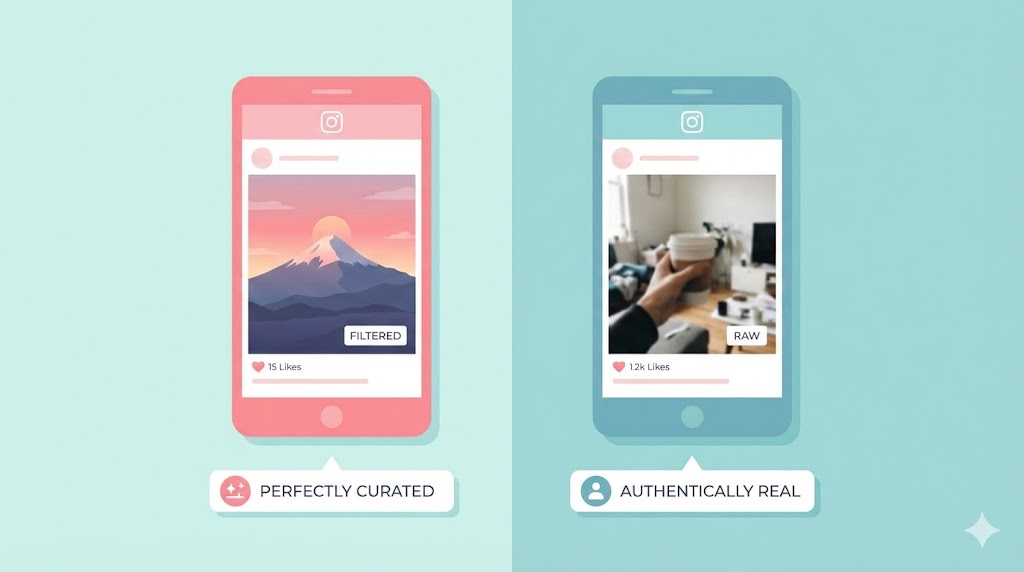 Comparison of two Instagram posts: a filtered landscape with low likes and a raw, authentic photo with high likes.