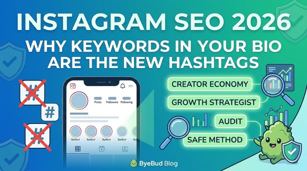 A clean, 16:9 illustrative featured image for a ByeBud blog post. The main title reads 'INSTAGRAM SEO 2026' with the subtitle 'WHY KEYWORDS IN YOUR BIO ARE THE NEW HASHTAGS.' The visual highlights a stylized mobile phone displaying an optimized Instagram profile screen. Glowing boxes connect essential keywords like 'CREATOR ECONOMY' and 'GROWTH STRATEGIST' to algorithmic pathways and data charts, while traditional hashtag icons are crossed out with red 'X's. Magnifying glasses and a friendly green bud character with a shield (the ByeBud logo) sit in the corners, signifying a safe method for auditing follower data and improving account authority through bio optimization. The ByeBud Blog logo is present at the bottom.