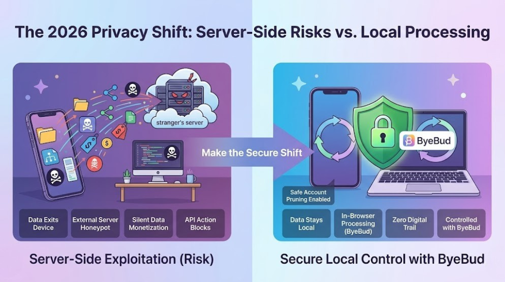 Infographic comparing "The 2026 Privacy Shift: Server-Side Risks vs. Local Processing" for Instagram data security. The left panel illustrates "Server-Side Exploitation (Risk)," showing personal data leaving a device for external servers and hacker-controlled computers, resulting in API blocks and data monetization. An arrow labeled "Make the Secure Shift" leads to the right panel, "Secure Local Control with ByeBud," highlighting a shield icon, a laptop, and a smartphone where data stays local through in-browser processing to ensure a zero digital trail.