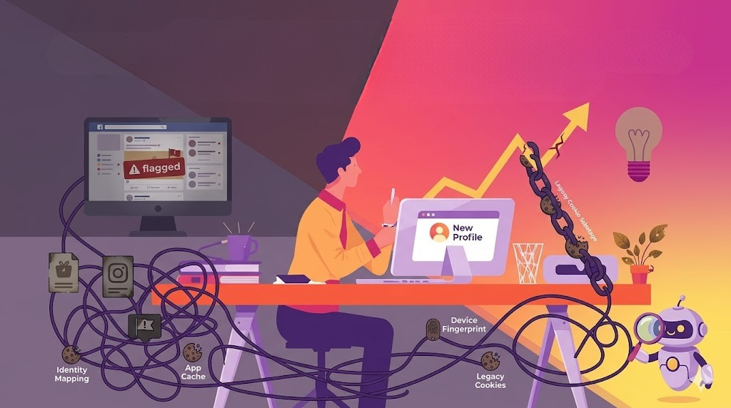 Illustration of the Instagram Legacy Cookie Crisis showing how identity mapping and device fingerprinting sabotage a new profile's reach and growth.