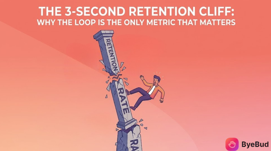 An abstract 2D illustration titled "The 3-Second Retention Cliff: Why the Loop Is the Only Metric That Matters," featuring a stone column with the text "Retention Rate" breaking in half as a person falls off backwards, symbolizing low video engagement. The minimalist design uses a soft coral and orange gradient background with the ByeBud logo in the bottom right corner.