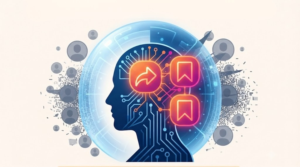 A conceptual illustration visualizing Instagram algorithmic suppression, where a human silhouette's mind circuit connects to glowing "Share" and "Save" icons while a pulsating blue filter barrier blocks dim "ghost" profiles and static, symbolizing the algorithm prioritizing high-value human engagement over passive noise.