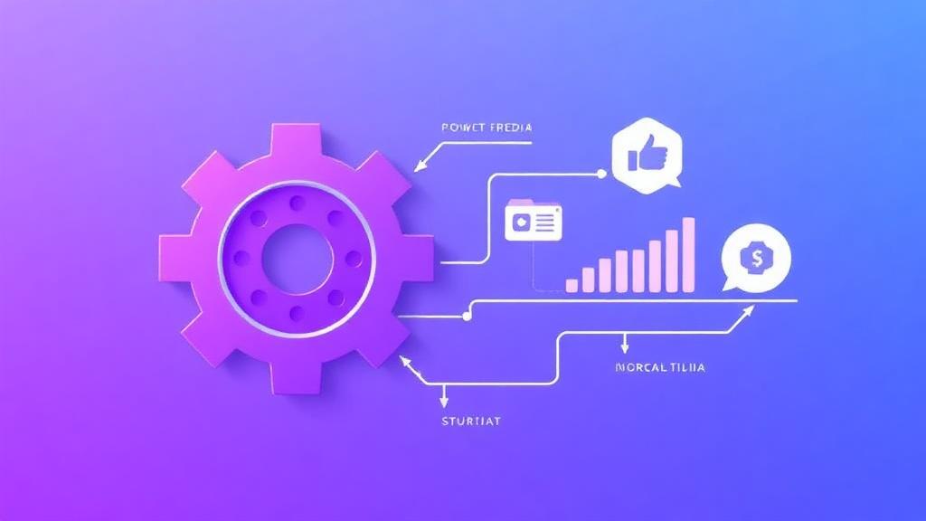 Purple gear illustration connected to social media icons and charts, representing the 2026 Instagram algorithm and analytics.
