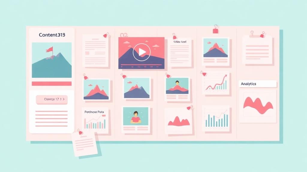 Content planning board illustration featuring notes, analytics charts, and video thumbnails for planning Instagram Reels and posts.