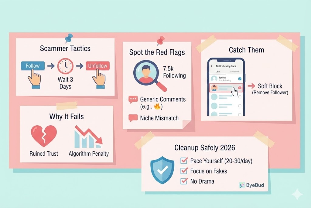 Instagram follow/unfollow scam infographic showing red flags, scammer tactics, safe account cleanup tips, and how ByeBud finds accounts not following back.