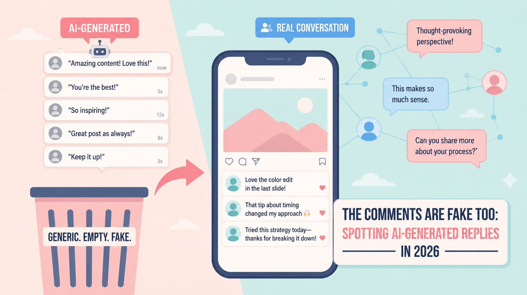 Pastel infographic comparing AI-generated Instagram comments with genuine user replies, showing generic bot comments, real conversation, and tips for spotting fake AI comments in 2026.