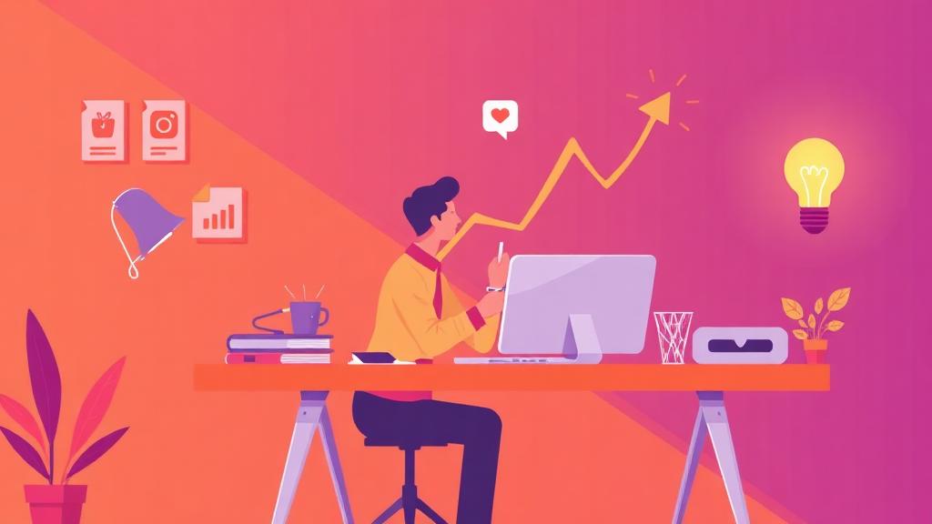 Content creator at desk with growth chart and social media analytics