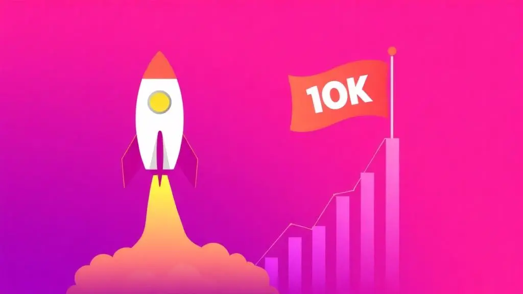 Rocket launching toward 10K milestone flag with growth chart