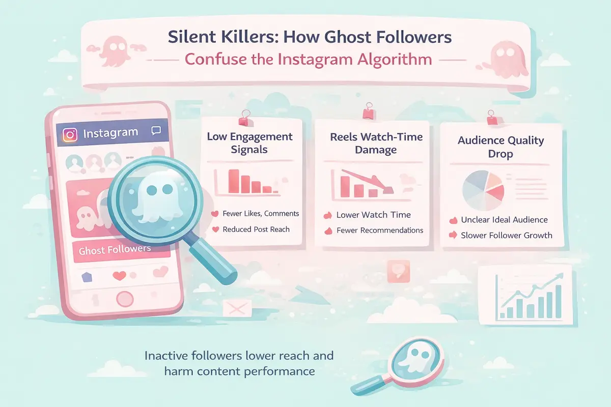 Illustration explaining how ghost followers affect the Instagram algorithm, showing low engagement signals, reduced Reels watch time, audience quality drop, and inactive followers lowering reach and content performance.