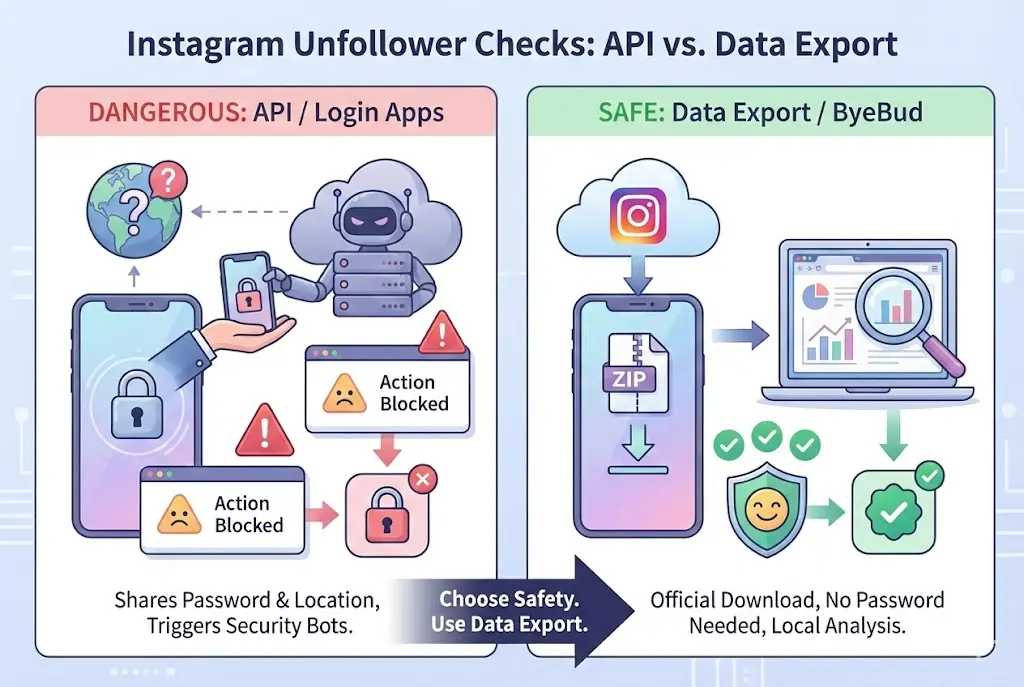 Infographic comparing dangerous Instagram API login apps that cause Action Blocks versus the safe Data Export method used by ByeBud for checking unfollowers without sharing passwords.