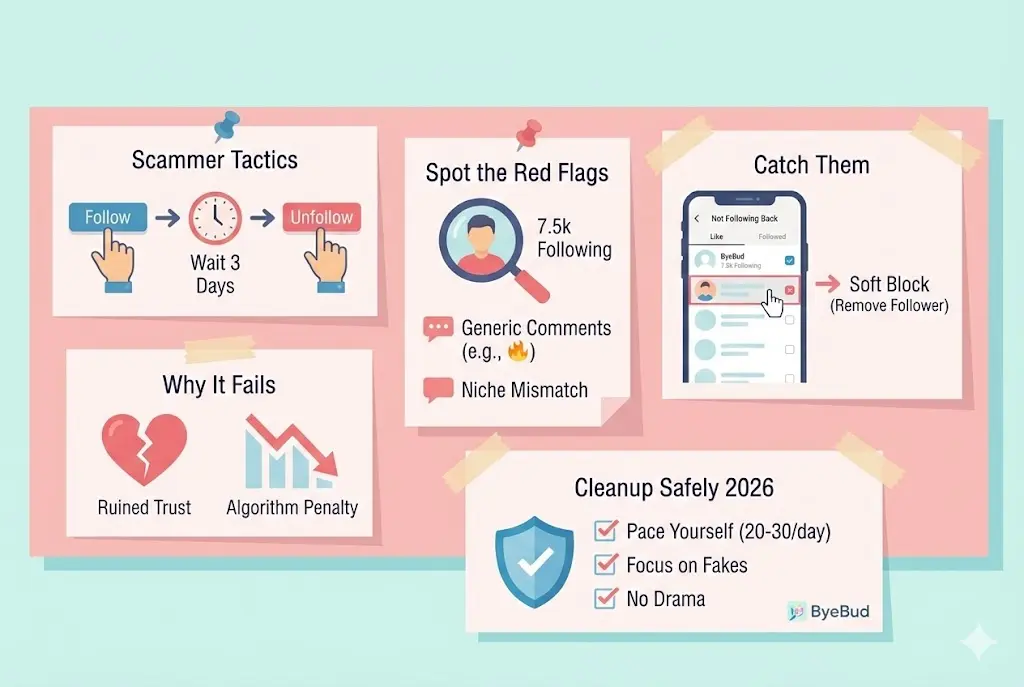 Educational infographic on how to catch Instagram follow/unfollow scammers in 2026, featuring sections on scammer tactics, red flags like high following counts, and safe cleanup tips using ByeBud.