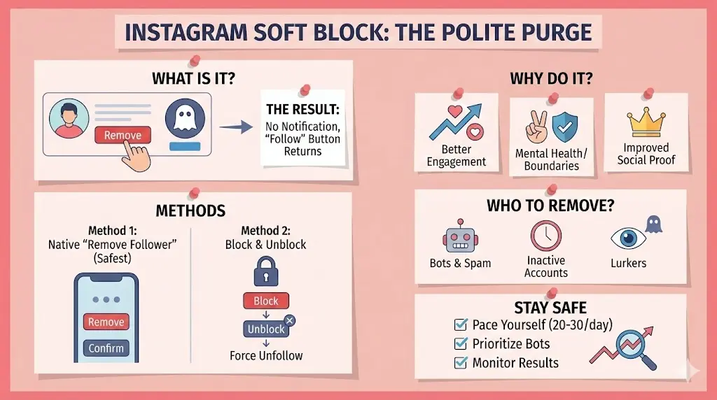 Educational infographic about the Instagram Soft Block method, explaining how to quietly remove followers without notifications. It includes sections on the "Remove Follower" and "Block & Unblock" methods, why to do it for better engagement and mental health, and a 2026 safety checklist for purging bots and lurkers.
