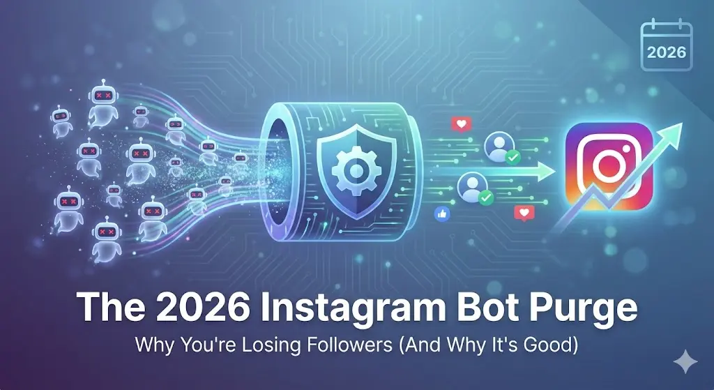 The 2026 Instagram Bot Purge graphic showing a digital shield blocking fake ghost followers from an account.