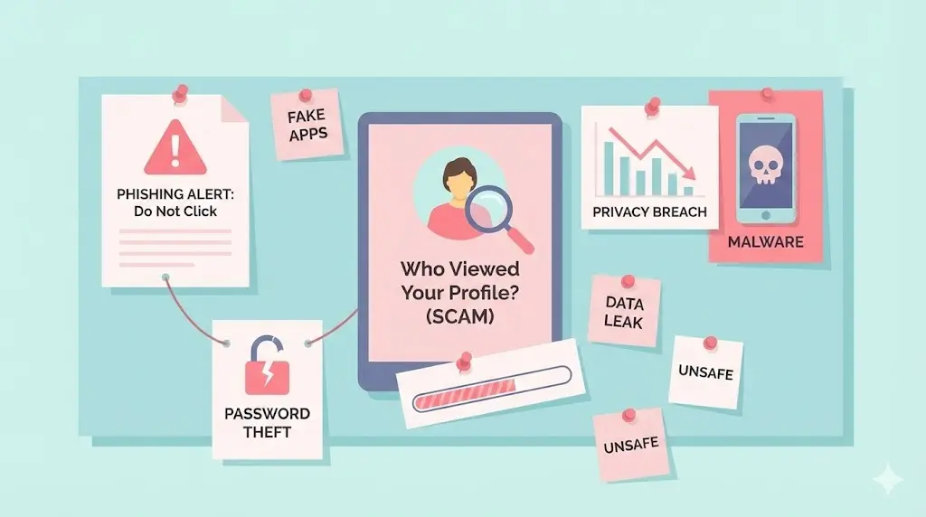 A digital board infographic warning against the "Who Viewed Your Profile" scam, with notes on phishing and password theft.