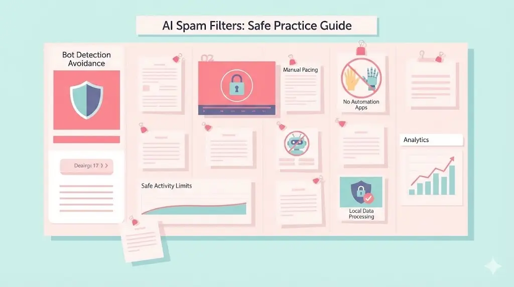 Flat design illustration of an Instagram safety planning board for 2026, featuring strategies like manual pacing, local data processing and bot detection avoidance to prevent shadowbans.