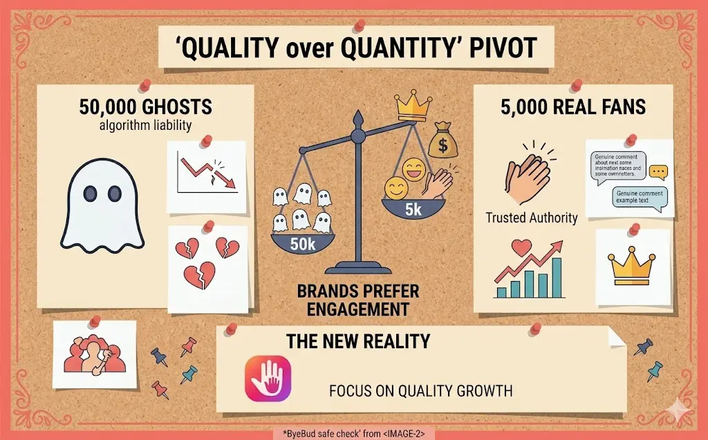 This infographic illustrates the transition from high follower counts to high-quality engagement on Instagram. Set against a physical corkboard with a coral-pink frame, the graphic uses simple illustrations and bold text to compare two audience types.
