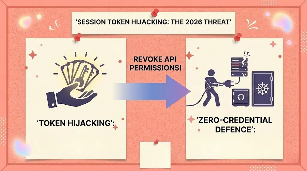 This horizontal infographic, presented as a minimalist pink corkboard with pinned notes, illustrates the 2026 threat of Instagram session token hijacking. A central header note at the top reads "'SESSION TOKEN HIJACKING: THE 2026 THREAT'". The left section, labeled "'TOKEN HIJACKING':", features a black hand holding a glowing bunch of keys to represent the theft of digital "stay logged in" passes. A large purple gradient arrow points toward the right with the bold text "REVOKE API PERMISSIONS!". The right section, titled "'ZERO-CREDENTIAL DEFENCE':", shows a simplified figure pulling a power plug from a malfunctioning server next to secure bank-style vault safes, symbolizing the reclamation of account safety. The entire design uses a clean, high-contrast vector style with red pushpins and decorative sparkles.