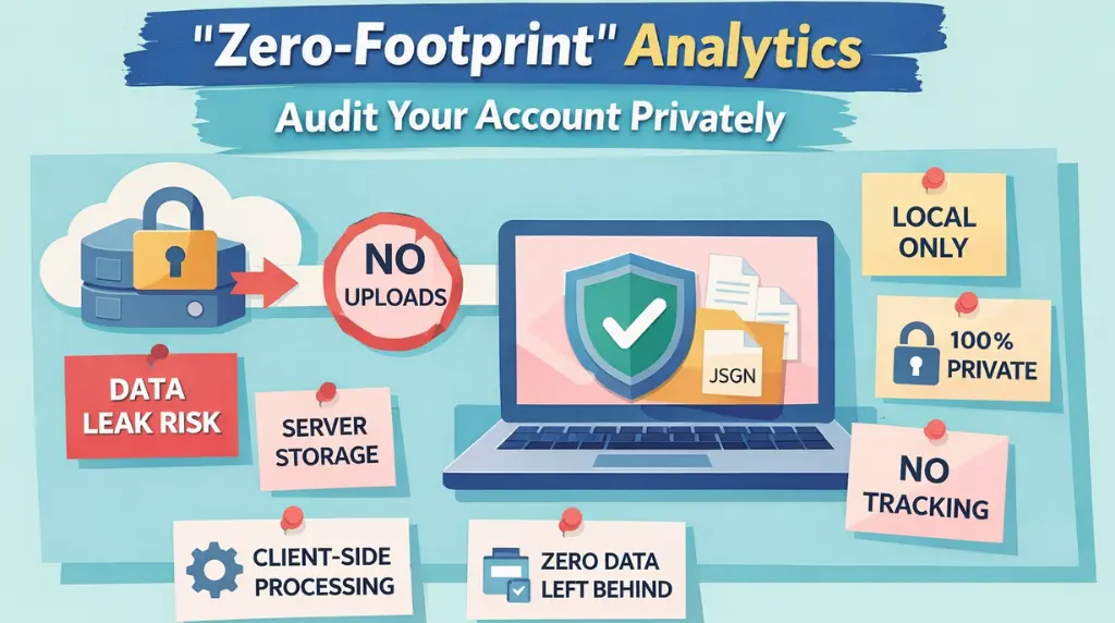 Illustration explaining zero-footprint analytics for Instagram, showing client-side data processing, no server storage, no uploads, and private local-first follower analysis with zero data left behind.