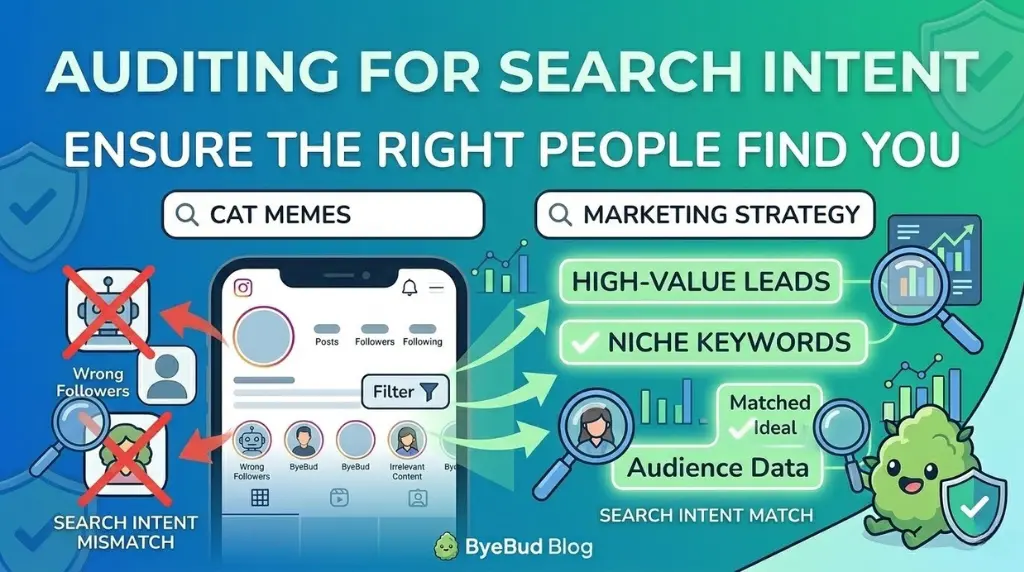 An infographic about auditing Instagram for search intent to find an ideal audience. The image contrasts a "SEARCH INTENT MISMATCH" example (searching "CAT MEMES" leading to "WRONG FOLLOWERS") with a "SEARCH INTENT MATCH" example (searching "MARKETING STRATEGY" leading to "HIGH-VALUE LEADS", "NICHE KEYWORDS", and "AUDIENCE DATA"). It features a central smartphone with a mock Instagram profile, a rising graph, and the ByeBud Blog logo.