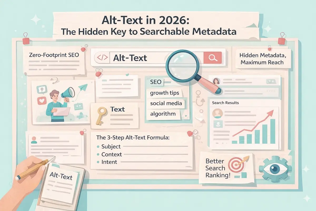 Illustration explaining Instagram alt-text SEO strategy in 2026, showing how hidden metadata, keywords, and the three-step alt-text formula improve search ranking and explore page reach.