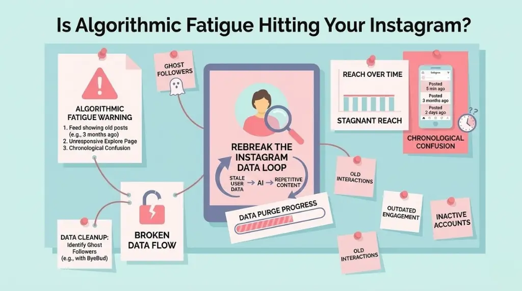 Flat-lay infographic explaining Instagram algorithmic fatigue. A central tablet shows a data loop cycle, surrounded by pinned notes highlighting symptoms like stagnant reach and chronological confusion, plus solutions like purging ghost followers.