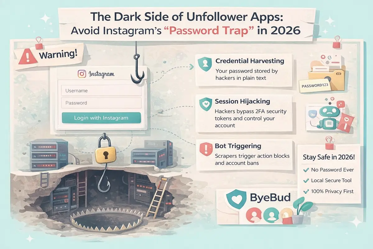 Infographic warning about Instagram unfollower apps in 2026, showing risks like password theft, session hijacking, and bot-triggered bans, while promoting secure local data tools.