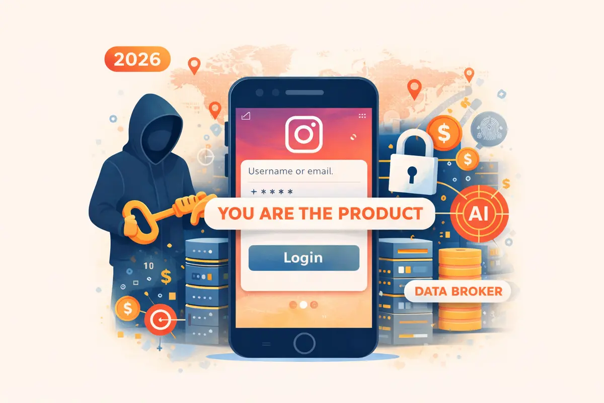 Social media security infographic about Instagram profile viewer scams, highlighting phishing alerts, password theft, malware, and privacy breach risks from fake apps.