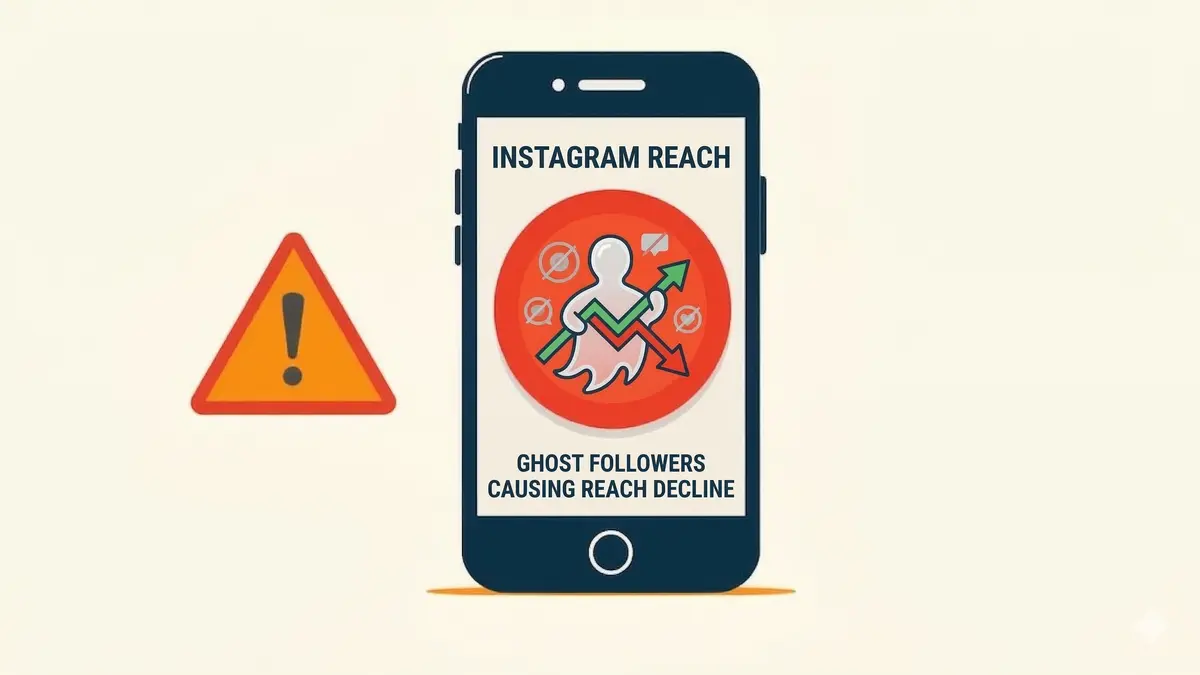 A flat vector illustration of a smartphone on a light background. The phone screen displays the text "INSTAGRAM REACH" at the top and "GHOST FOLLOWERS CAUSING REACH DECLINE" at the bottom. In the center of the screen, a red circular icon features a white ghost-like figure holding a rising green arrow and a falling red arrow, symbolizing the impact of inactive followers. To the left of the phone is a large orange warning triangle with an exclamation mark.
