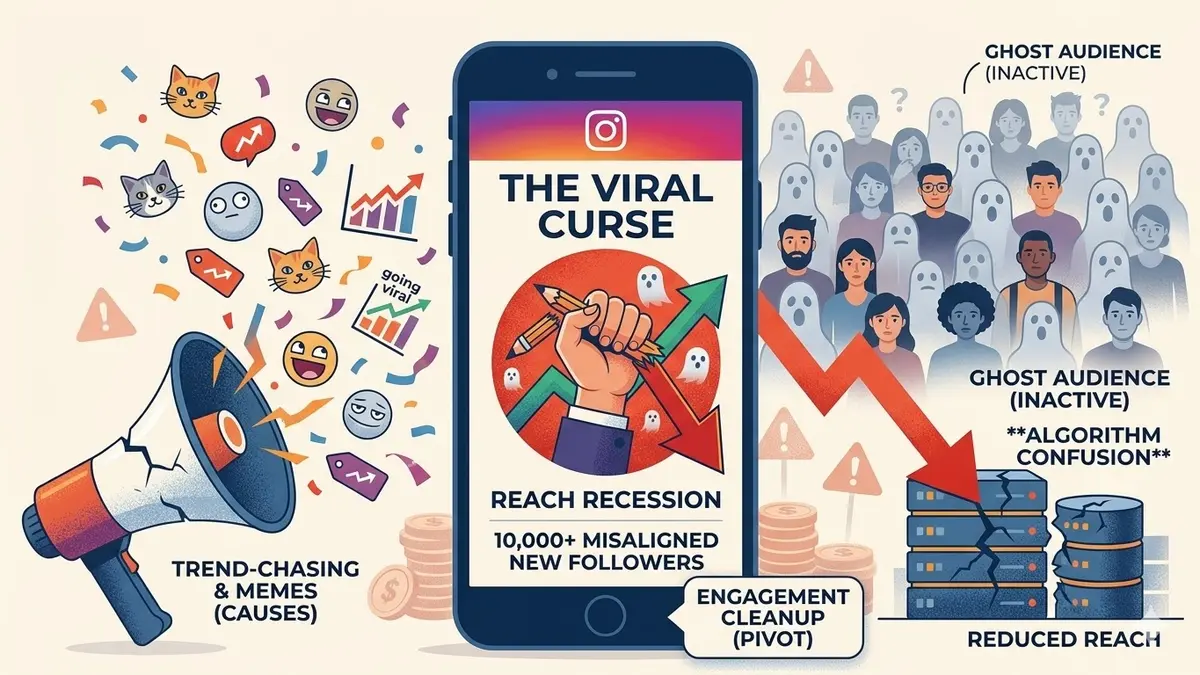 A flat vector infographic on a light background explaining "The Viral Curse" on Instagram. In the center, a smartphone screen shows the titles "THE VIRAL CURSE" and "REACH RECESSION" with a graphic of a hand holding broken pencils and contrasting growth arrows. To the left, a megaphone emits icons of cats and memes, labeled "Trend-Chasing & Memes (Causes)." To the right, a large red arrow points downward through a crowd of diverse people and translucent ghosts, labeled "Ghost Audience (Inactive)" and "Algorithm Confusion," leading to cracked database icons marked "Reduced Reach." A button at the bottom says "Engagement Cleanup (Pivot)."