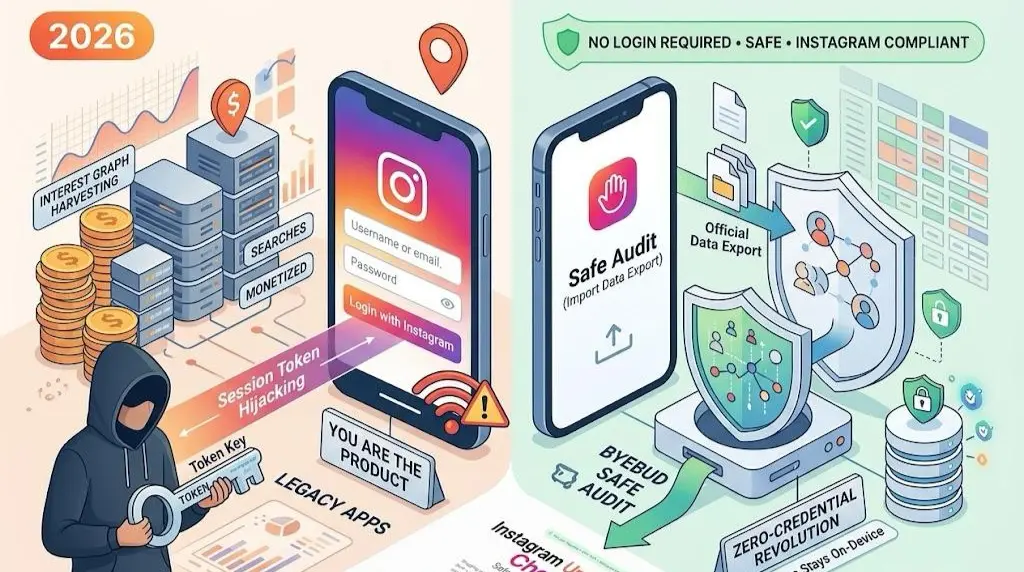 An infographic illustrating the ByeBud Safe Audit for Instagram unfollower checking in 2026. It contrasts insecure 'Legacy Apps' which use an Instagram login and expose users to 'Session Token Hijacking' for data harvesting ('You are the Product'), with the secure, 'No Login Required' ByeBud method. The ByeBud process uses a local 'Official Data Export' for a 'Zero-Credential Revolution' that is safe, Instagram-compliant, and keeps user data on-device.