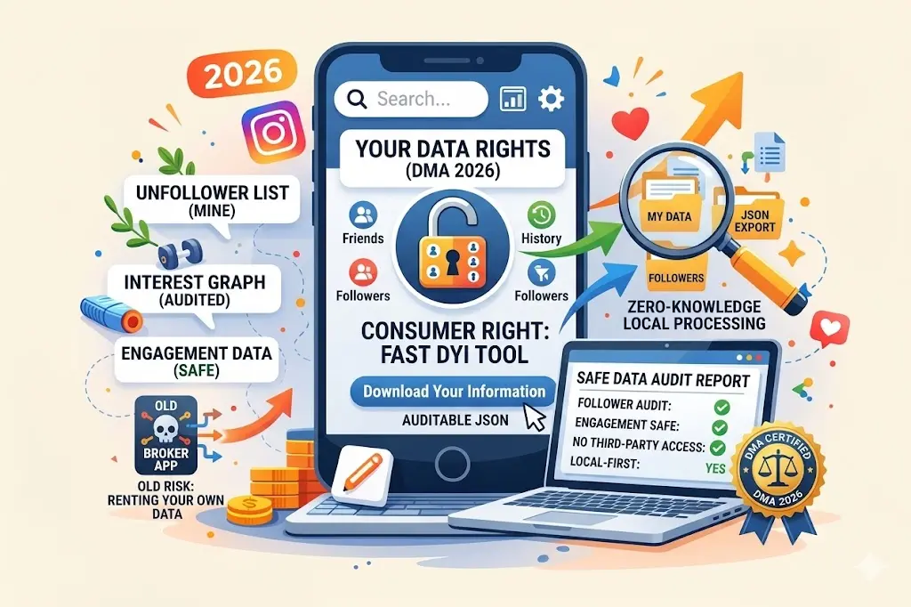 Detailed illustration of an infographic detailing consumer data rights under the Digital Markets Act (DMA) in 2026. A central smartphone shows 'YOUR DATA RIGHTS (DMA 2026)' and a 'Download Your Information' button for a 'Fast DYI Tool'. A magnifying glass over 'MY DATA' and 'FOLLOWERS' folders highlights 'ZERO-KNOWLEDGE LOCAL PROCESSING', which leads to a 'SAFE DATA AUDIT REPORT' checklist on a laptop. The illustration contrasts a 'DMA CERTIFIED' seal of ownership and justice with a cracked virus icon for 'OLD BROKER APP' and 'OLD RISK: RENTING YOUR OWN DATA'. Floating elements include an Instagram logo, speech bubbles for data labels like 'UNFOLLOWER LIST (MINE)', coins, arrows, and hearts, all in a clean orange and blue color palette.