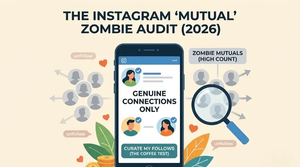 Minimalist flat-design illustration for a 2026 Instagram “Mutual” Zombie Audit. A central smartphone screen displays “GENUINE CONNECTIONS ONLY” and a button for “THE COFFEE TEST” to curate follows. A magnifying glass highlights a cluster of “ZOMBIE MUTUALS” with faded profile icons and “unfollow” prompts. The graphic includes the ByeBud logo, a gold “DMA CERTIFIED” seal, and stylized plant elements on a clean cream background, representing a safe and private social media cleanup strategy.