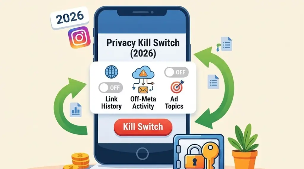 Minimalist flat-design illustration of an Instagram privacy "Kill Switch" interface on a smartphone for the 2026 update. The screen features a central panel labeled "Privacy Kill Switch (2026)" with three distinct icons: a globe for Link History, a cloud for Off-Meta Activity, and a target for Ad Topics, all shown with toggle switches set to "OFF." A large, red "Kill Switch" button sits prominently at the bottom of the phone screen. Surrounding elements include a small 2026 tag, an Instagram logo, green circular arrows indicating data control, and a blue high-security safe with a gold key and padlock, representing data protection. The style uses a clean, modern vector aesthetic with a soft cream background.