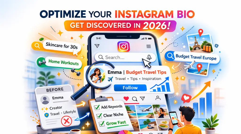 Illustration of Instagram profile optimization for search in 2026, showing a smartphone with a profile changing from a generic bio to “Emma | Budget Travel Tips,” surrounded by search queries like skincare for 30s, home workouts, and budget travel, highlighting Instagram SEO and keyword discovery.