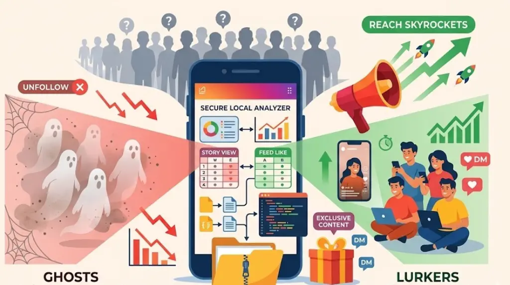 An infographic illustration with a central smartphone comparing social media follower types: 'GHOSTS (Poison Engagement)' on the left, shown as spirits with declining red charts, and 'LURKERS (Silent Superfans)' on the right, shown as engaged people with rising green charts and rockets, all based on analyzing a 'META DATA EXPORT'.