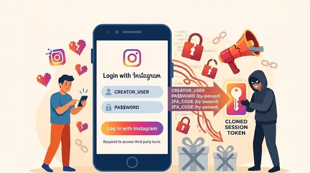 Flat vector illustration of a smartphone showing a fake Instagram login screen used for phishing. A hooded hacker figure intercepts a digital key labeled "cloned session token," bypassing password and 2FA security. The scene includes broken red padlocks, a concerned social media creator, and headline text: THE PHISHING EPIDEMIC: Why that "Login with Instagram" Screen is a Trap.