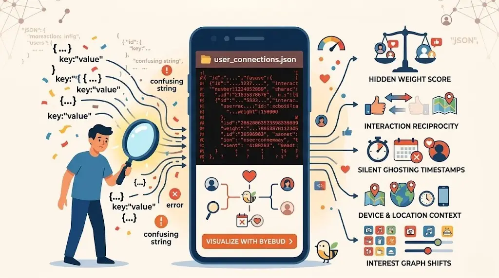 Flat vector illustration showing a smartphone decoding an Instagram JSON data export. On the left, a confused person uses a magnifying glass to inspect raw code; on the right, infographic icons explain five things Meta knows about friendships: hidden weight score, interaction reciprocity, silent ghosting timestamps, device and location context, and interest graph shifts. Features a "Visualize with ByeBud" call-to-action button.