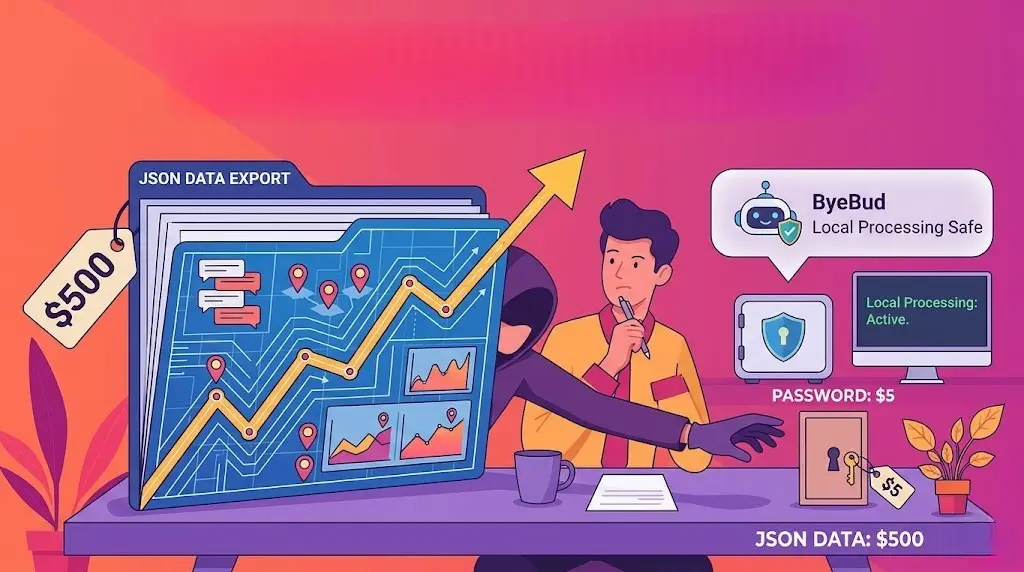 An illustration showing a creator at a desk where a hacker targets a $500 JSON data export folder instead of a $5 password. The image highlights Instagram account security and features the ByeBud logo promoting safe, local-only data processing.