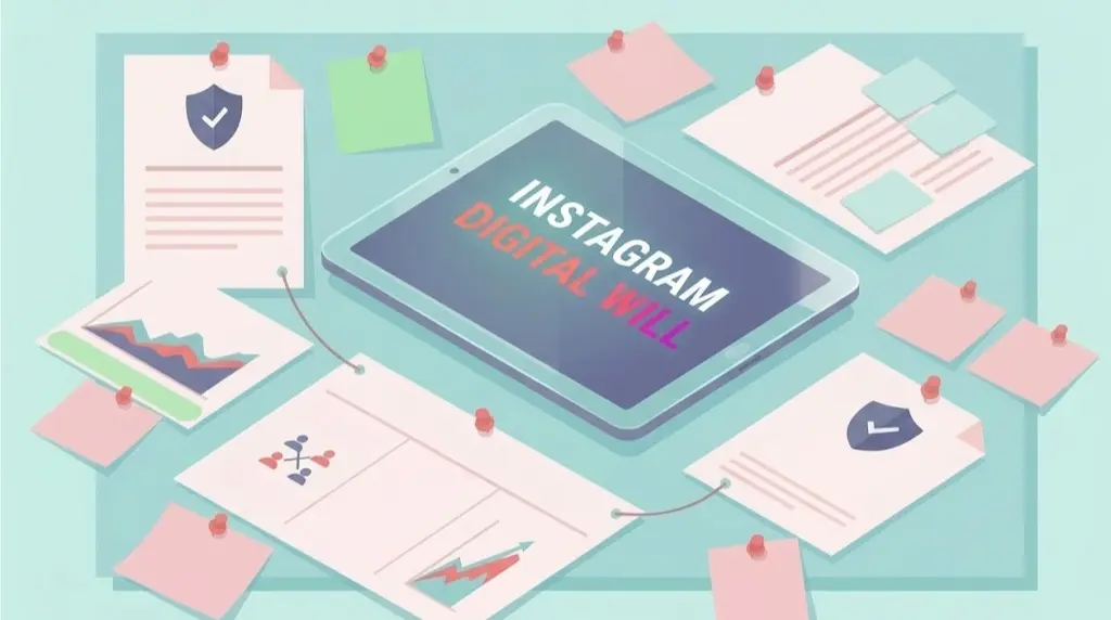 Flat vector illustration of a digital audit board featuring a tablet screen displaying the text "Instagram Digital Will" next to compliance documents and user data charts.