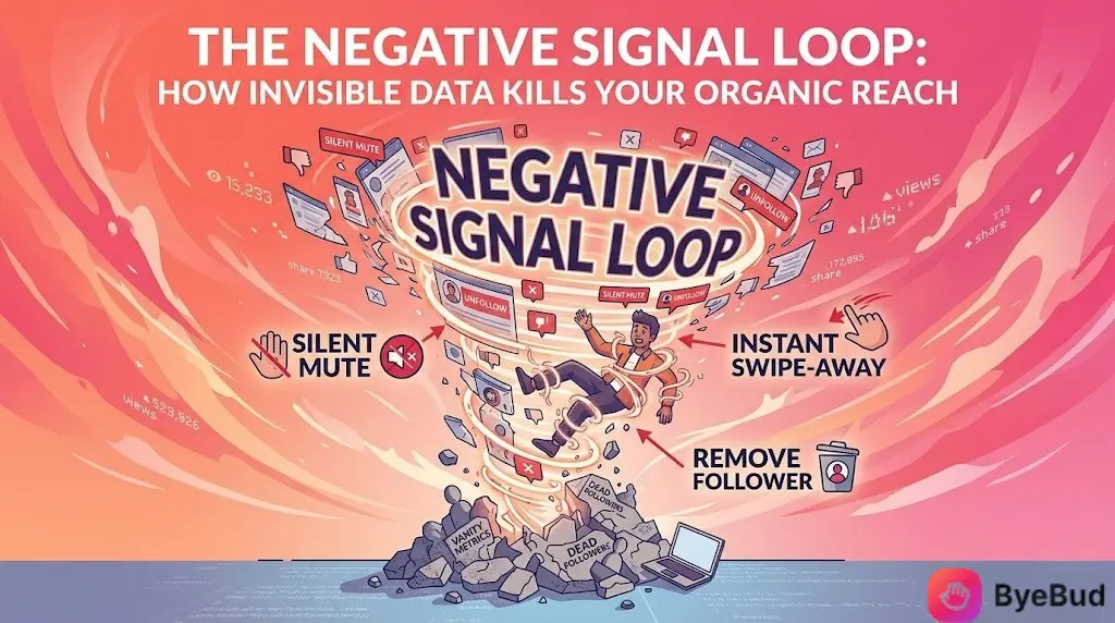 An eye-catching 2D infographic illustration titled "The Negative Signal Loop: How Invisible Data Kills Your Organic Reach." The design features a chaotic data tornado pulling a social media creator upward, surrounded by glowing text indicators for "Silent Mute," "Instant Swipe-Away," and "Remove Follower." At the base of the vortex is a pile of rubble labeled "Vanity Metrics" and "Dead Followers," set against an orange and coral gradient background with the ByeBud logo in the bottom right corner.