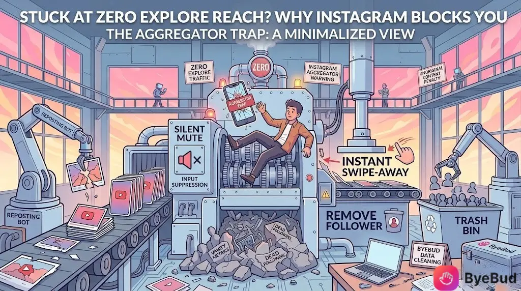 A conceptual illustration depicting "The Aggregator Trap," a metaphorical social media content factory where a male user's phone is being processed by a massive industrial machine. Various labels and robotic arms illustrate the challenges facing content creators, including "Silent Mute," "Unoriginal Content Penalty," and "Zero Explore Reach," leading to organic reach suppression. Elements like "Vanity Metrics," "Dead Followers," and a "Trash Bin" are visible at the base of the machine, all under a header that reads "STUCK AT ZERO EXPLORE REACH? WHY INSTAGRAM BLOCKS YOU: THE AGGREGATOR TRAP: A MINIMALIZED VIEW," with the "ByeBud" logo present in the bottom corner.