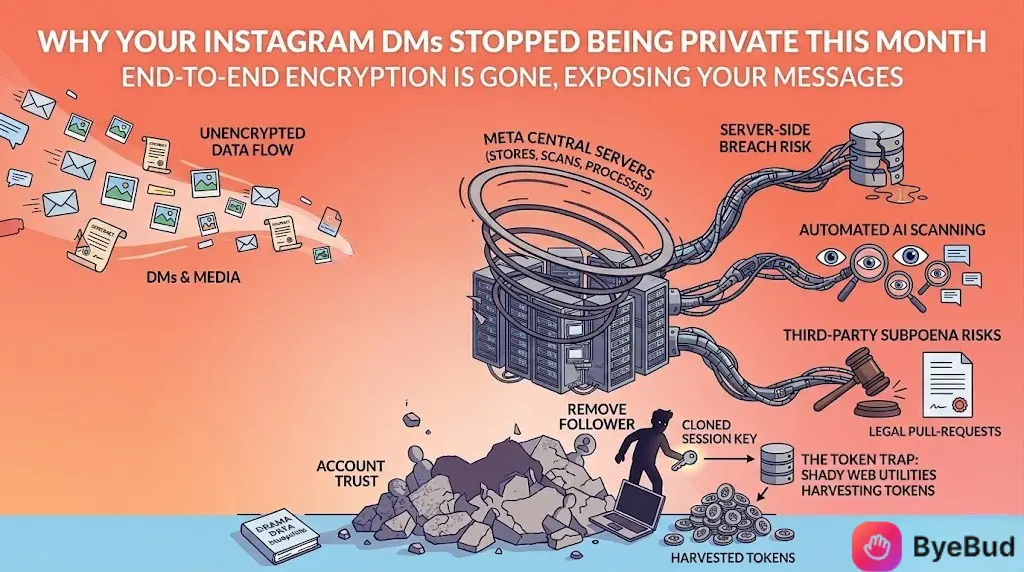 A conceptual illustration titled "Why Your Instagram DMs Stopped Being Private This Month," explaining the impacts of end-to-end encryption removal. The diagram displays a stream of unencrypted direct messages and media flowing directly into a central server vortex labeled "Meta Central Servers." Cable lines extend from the servers to illustrate data risks: a cracked database representing server-side breach risks, searching eyes for automated AI scanning, and a judge's gavel for third-party subpoena risks. Below the servers, a silhouette figure steals a cloned session key next to text highlighting "The Token Trap" and shady web utilities harvesting tokens.