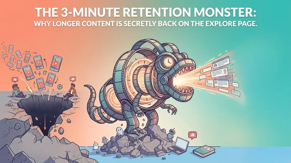 An infographic illustration titled 'The 3-Minute Retention Monster: Why Longer Content Is Secretly Back on the Explore Page'. On the left, short-form micro-reels fall into a dark rocky pit. In the center, a large mechanical dinosaur made of film reels and clock faces breathes a beam of light into a funnel on the right, which channels content to a crowd of engaged users under a glowing star symbol, representing organic reach on the Instagram Explore page.