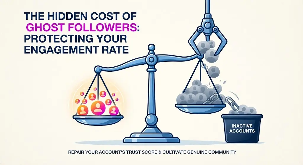 A conceptual illustration visualizing the hidden cost of ghost followers, where a mechanical claw removes inactive, grey profile icons and broken chains from a weight scale, tipping it back into balance against a pan of glowing, engaged follower icons, all under the text: 'THE HIDDEN COST OF GHOST FOLLOWERS: PROTECTING YOUR ENGAGEMENT RATE'.