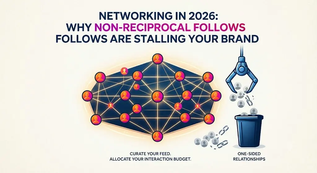 A conceptual illustration visualizing the networking problem of non-reciprocal follows, where a mechanical claw removes grey profile icons representing one-sided relationships and broken chains from a large, glowing, and balanced network of active orange profile icons, all under the text: 'NETWORKING IN 2026: WHY NON-RECIPROCAL FOLLOWS ARE STALLING YOUR BRAND'.