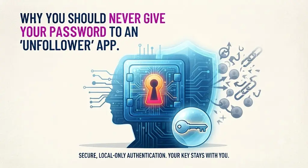 A conceptual infographic visualizing account security against third-party apps, featuring a translucent human head profile with a glowing circuit-board fortress vault and keyhole, repelling chaotic grey phishing icons and broken chains, under the text: 'WHY YOU SHOULD NEVER GIVE YOUR PASSWORD TO AN 'UNFOLLOWER' APP.'